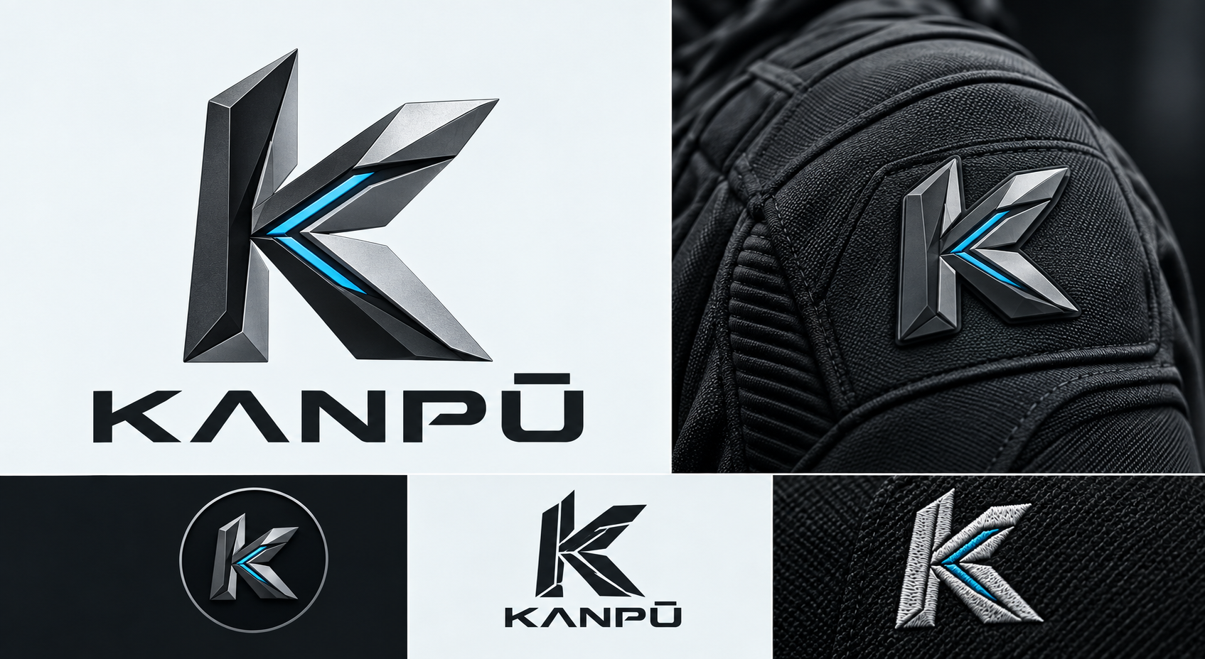 KANPU faceted K identity shown as a primary mark, apparel badge and embroidered application