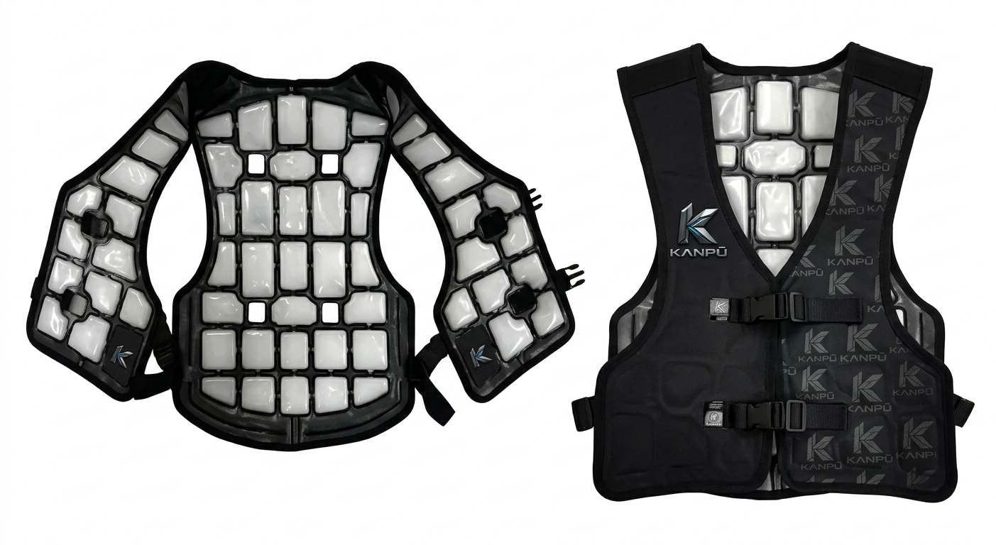 KANPU branded black PCM cooling vest concept shown open and closed